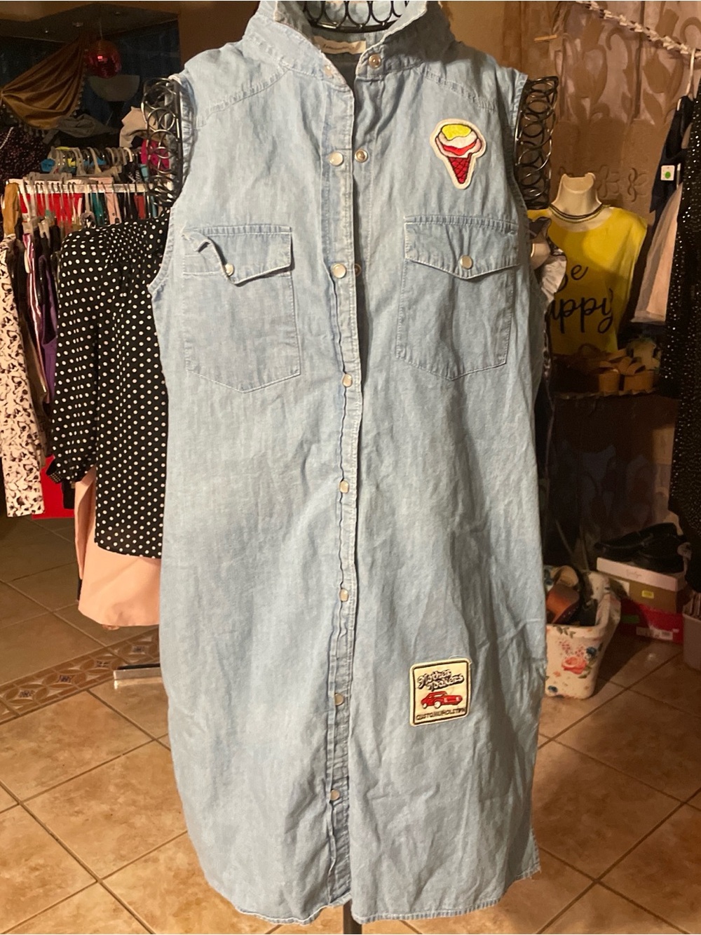 Light Wash Denim Midi Shirt Dress with Patch Details